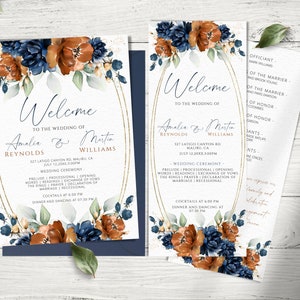 Pode incluir: Convite de casamento com um design floral azul e laranja. O convite inclui os nomes Amalia & Martin Reynolds Williams, a data 12 de julho de 20XX e a hora 15:00. O convite também inclui os detalhes da cerimônia de casamento, o horário do coquetel e o jantar e o baile.