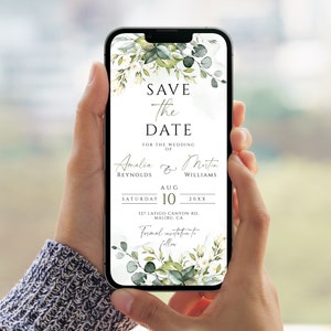 Réservez le modèle de date, faire-part numérique pour mariage d'eucalyptus, pour tout smartphone, verdure, faites gagner le modèle numérique, bricolage.