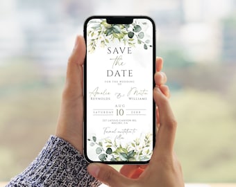 Save The Date Template, Eucalyptus Wedding Save Date Digital invitation, For Any Smartphone, Greenery Save the Date Digital Template, DIY.
