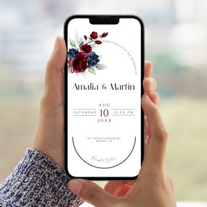 Burgundy & Navy Floral Electronic Wedding Invitation Template (DIY)