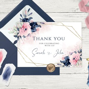 PinkNavya Dankeschön Karte Vorlage, Blush Pink & Navy Blau druckbare Hochzeit Dankeskarte, SOFORTIGER Download, bearbeitbare Dankeskarte