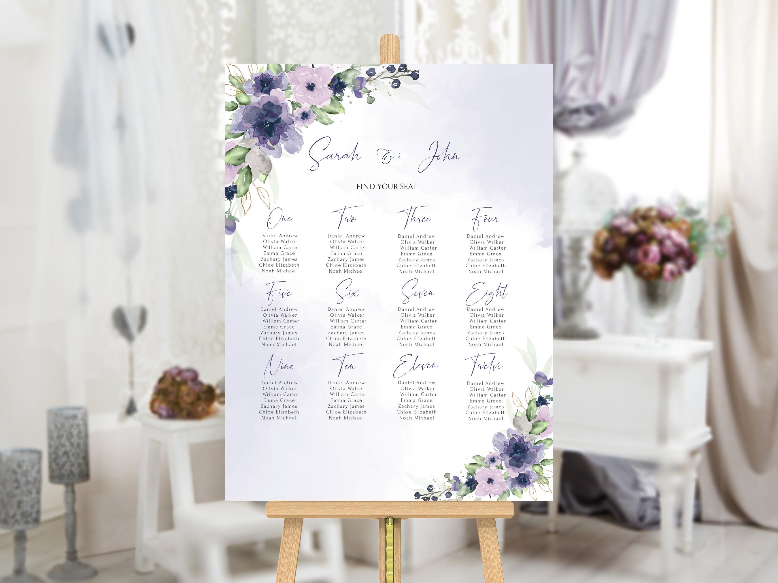 Dusty Purple Welcome Seating Chart Template, Purple Flowers Wedding ...
