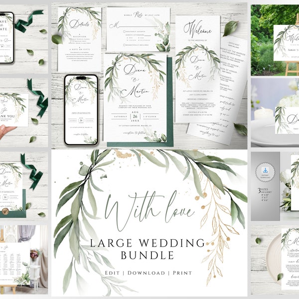 GREENERY Wedding Invitation Mega bundle Template, Greenery Eucalyptus Invitation Set, Editable, Wedding Invites Suite, Template Collection