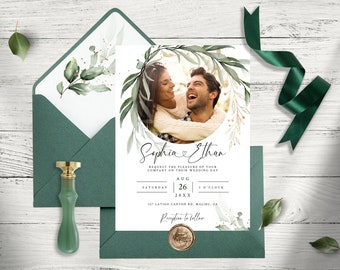 LEAFHAVEN Greenery Wedding Invitation Template with Photo, Editable and Printable Digital file, Custom DIY Wedding invite