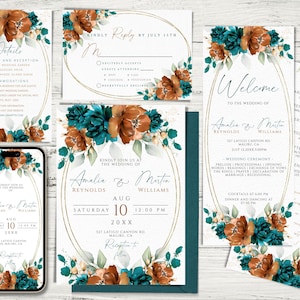 Burnt Orange and Teal Wedding Invites Mega Bundle, Teal Terracotta Editable & Printable Invitation Set