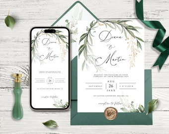 Puede incluir: Una invitación de boda con un diseño floral verde y dorado. La invitación dice "Diana & Martin" e incluye la fecha y la hora de la boda. El texto "recepción a continuación" también está incluido.