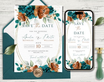 Terracotta Teal Wedding Save the Date Template (Print & Phone)