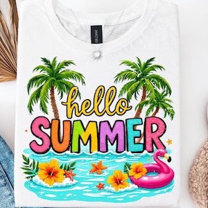 Bonjour l'été png, tropical png, flamant rose d'été, palmier png, vibrations estivales png, png coloré d'été, png lumineux d'été, mots d'été