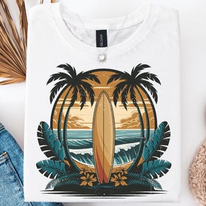 A vintage-style digital illustration featuring a classic wooden surfboard placed upright on a tropical beach. Tall palm trees arch over the surfboard, framing the scene, while waves roll in from the ocean and a warm golden sunset sets in the background. Lush tropical leaves and hibiscus flowers decorate the bottom, giving the image a laid-back coastal vibe.