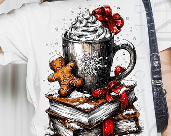 Christmas Mug PNG: Cozy Gingerbread, Books & Coffee (Digital Download)