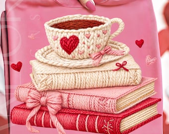 Libros de ganchillo y café PNG, textura de hilo para sublimación de taza de San Valentín, acogedora imagen PNG de amante de los libros de punto para camisetas, lindo diseño de amor por la lectura hecho a mano