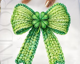 St Patrick Yarn Bow Png, Shamrock Knit Ribbon Sublimation, Green Coquette Bow PNG, St Patricks Day Yarn Style Clover Design, Shamrock Png
