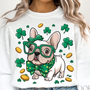 Französische Bulldogge St. Patricks Tag Png, St Patrick's Day Hund Png, Süßer St. Patrick's Hund Clipart Png, Französische Bulldogge Kleeblatt Png, Hundemama Png