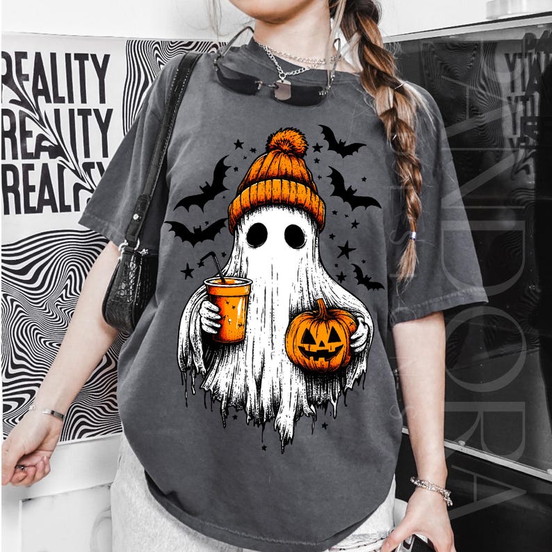 Ghost wearing orange beanie, holding a drink and jack-o’-lantern, with bats and stars around.