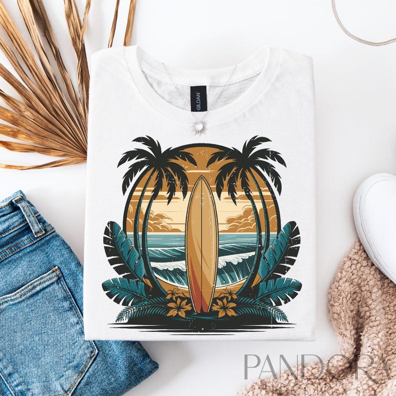 A vintage-style digital illustration featuring a classic wooden surfboard placed upright on a tropical beach. Tall palm trees arch over the surfboard, framing the scene, while waves roll in from the ocean and a warm golden sunset sets in the background. Lush tropical leaves and hibiscus flowers decorate the bottom, giving the image a laid-back coastal vibe.