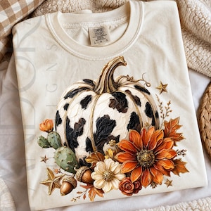 Cow Print Pumpkin Png, Floral Fall Sublimation Design for Western Autumn Shirts
