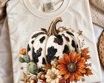 Png, citrouille à imprimé vache, sublimation d'automne floral pour chemises d'automne occidentales