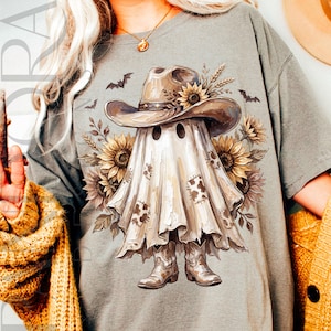 Cowgirl Ghost Png, Sunflower Western Halloween Shirt Design, Spooky Season Sublimation Graphic