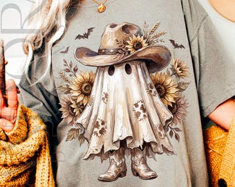 Cowgirl Ghost Png, Sunflower Western Halloween Shirt Design, Spooky Season Sublimation Graphic