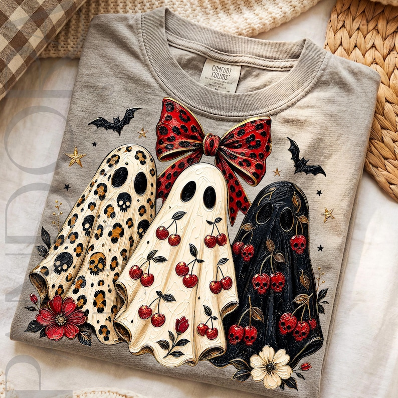 Puede incluir: Una camiseta gris con un gr&aacute;fico de tres fantasmas. Uno tiene estampado de leopardo con calaveras, otro un patr&oacute;n de cerezas y el tercero es negro con calaveras en forma de cereza. Tambi&eacute;n incluye un gran lazo rojo de leopardo, murci&eacute;lagos y estrellas.