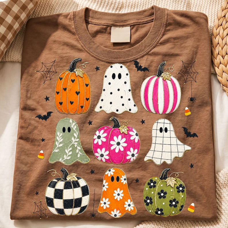 Op de afbeelding: Een bruin t-shirt met een grafische print van diverse pompoenen en geesten. De pompoenen tonen patronen zoals hartjes, bloemen en ruitjes. De geesten zijn versierd met stippen, bloemranken en rasters, omringd door vleermuizen en spinnenwebben.