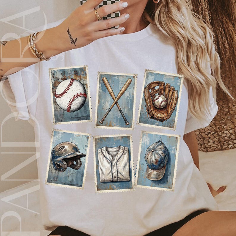 May include: White t-shirt featuring six baseball-themed illustrations. The illustrations include a baseball, crossed bats, a glove with a ball, a helmet, a jersey, and a baseball cap, all on a blue background.