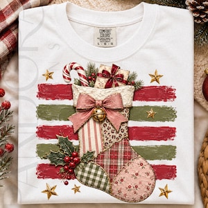 Calza di Natale PNG, fiocco festivo patchwork e design regalo, file digitale per sublimazione