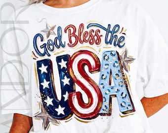 Dios bendiga a los EE. UU. PNG, Gráfico para camiseta patriótica del 4 de julio, Diseño de sublimación rojo, blanco y azul
