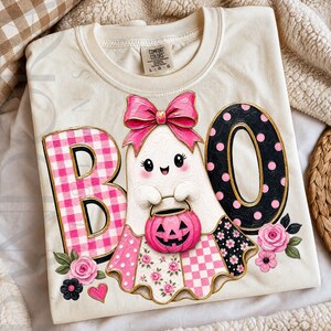 Cute Boo Ghost Png, Pink Halloween Ghost Girl Sublimation, Floral Patchwork Digital Download