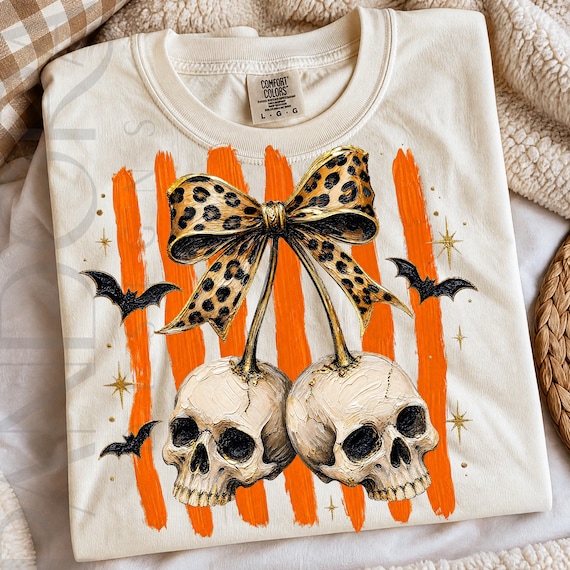 Cute Gothic Halloween Png, Skull Cherries & Leopard Bow Sublimation Design