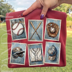 May include: A maroon baseball-themed shirt featuring six vintage-style postage stamp designs. The stamps depict a baseball, crossed bats, a glove with a ball, a helmet, a jersey, and a baseball cap. The designs have a distressed, aged appearance.