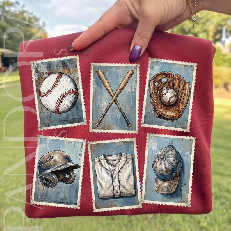 May include: A maroon baseball-themed shirt featuring six vintage-style postage stamp designs. The stamps depict a baseball, crossed bats, a glove with a ball, a helmet, a jersey, and a baseball cap. The designs have a distressed, aged appearance.