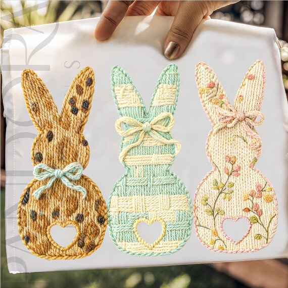 Yarn Easter Bunny Png Trio, Leopard Plaid Floral Bunnies Shirt Design, Easter Png for Sublimation, Cute Spring Digital Download, Easter Png
