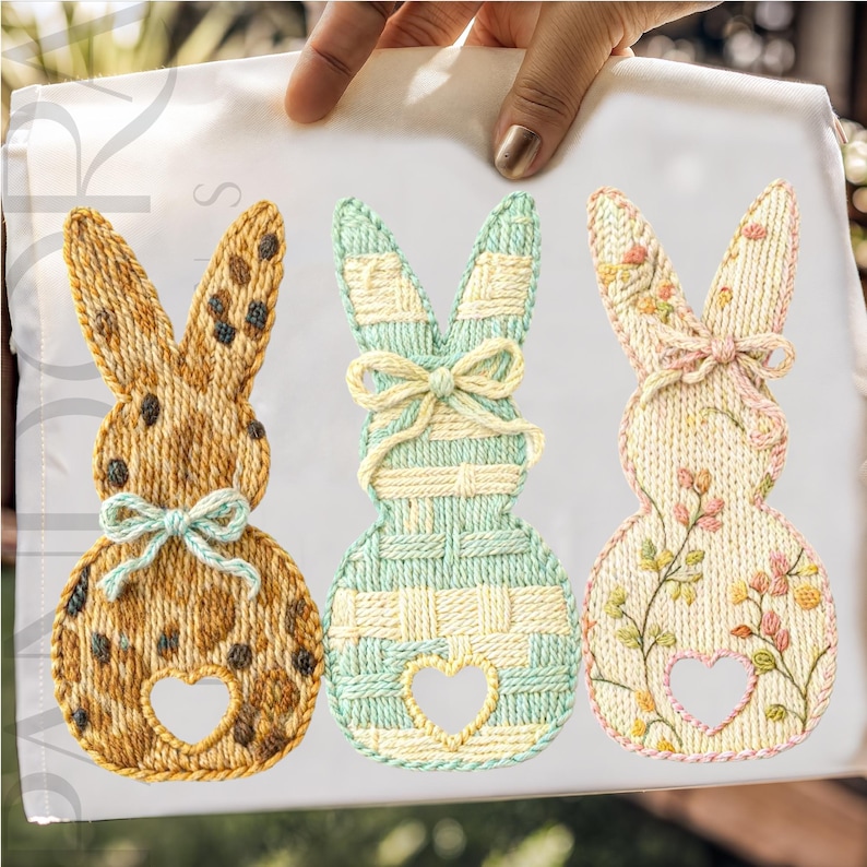 This digital design shows three silhouettes of Easter bunnies standing side by side. Each bunny has a different pattern: one is leopard print, one is plaid and one has a floral design. Their textured, stitched appearance and soft spring colours make the design suitable for shirts and other Easter-themed apparel.