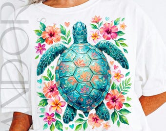 Tartaruga marina png, disegno di tartaruga floreale tropicale, grafica di maglietta con tartaruga marina da spiaggia, stampa a sublimazione di tartaruga marina estiva png