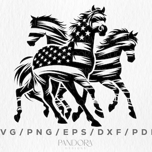 May include: Black and white silhouette of three horses running, with the American flag pattern overlayed on their bodies. The horses are running in a group, with the horse in the middle slightly ahead of the other two. The image is a digital design, suitable for crafting projects.