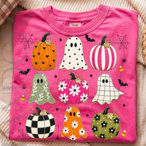 Halloween pompoen spook PNG, schattige griezelige clipartset, bloemen geruite pompoenen digitale download afbeelding 6