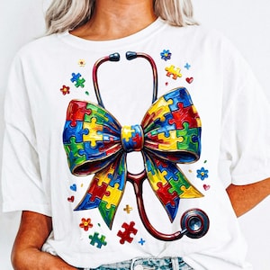 Infermiere autistico png, disegno a sublimazione di stetoscopio con arco a puzzle, maglietta di supporto medico per la consapevolezza dell'autismo, download digitale