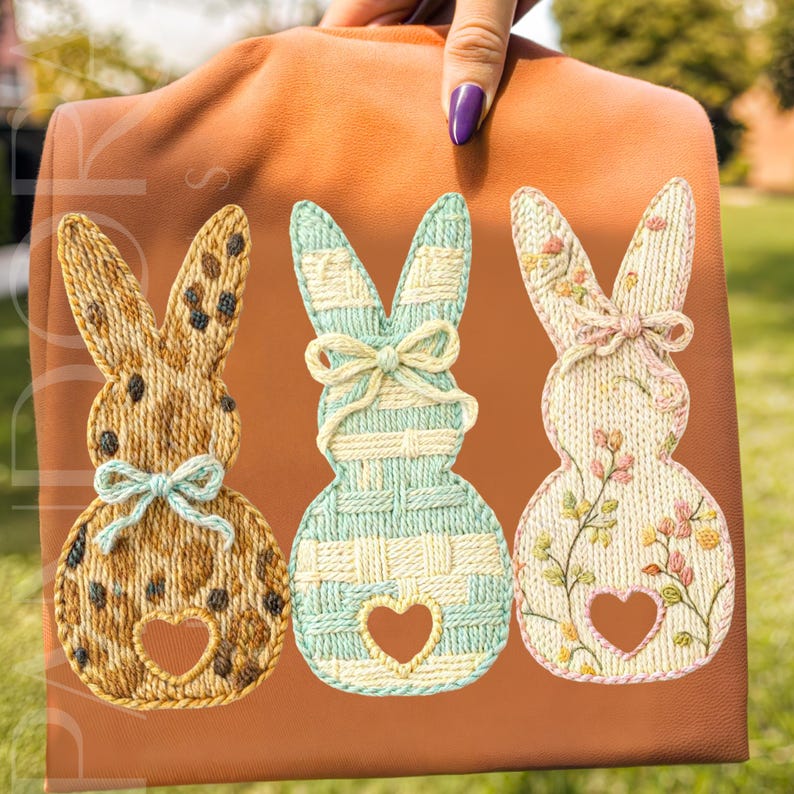 May include: A brown fabric item featuring three embroidered bunny silhouettes. Each bunny has a heart-shaped cutout and a bow. The bunnies are in shades of brown, blue, and pink, with floral and patterned details. The background is a solid orange color.