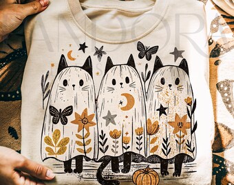 Boho Halloween Cat Png, Fall Floral Black Cat Png, Retro Spooky Season PNG, Cute Ghost Cat Sublimation, Autumn Vibes Shirt Png Christmas Png