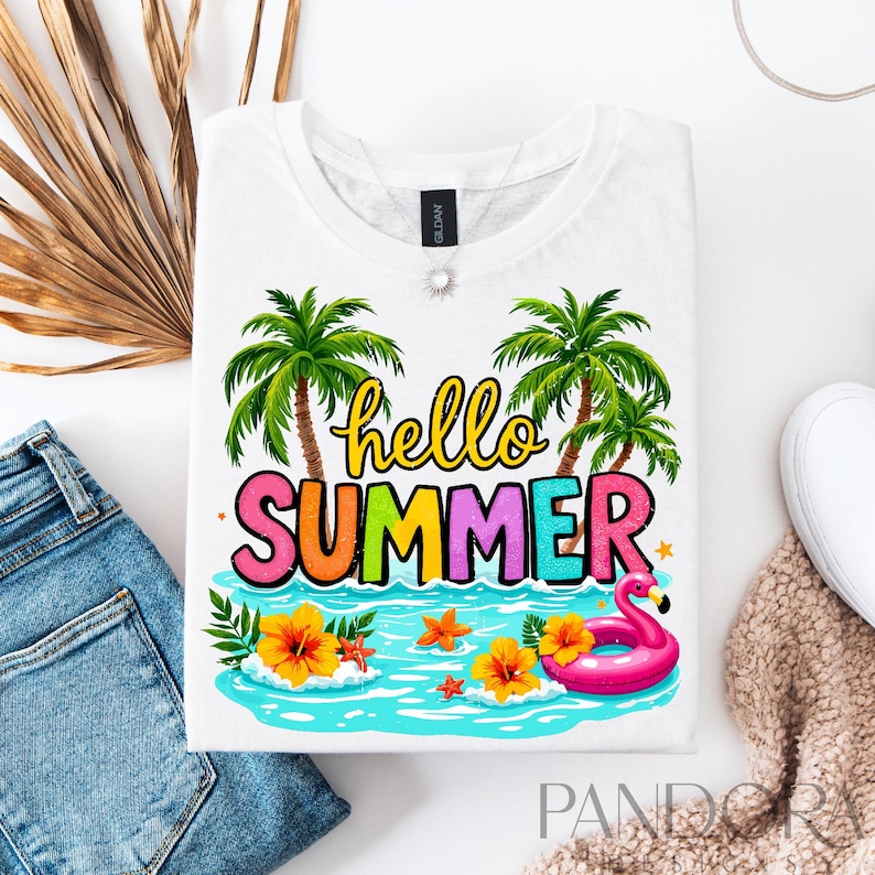 “Hello Summer” text in bold colors with palm trees, ocean water, hibiscus flowers, and a pink flamingo float on a tropical-themed white background.