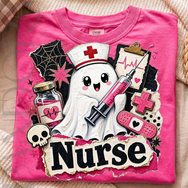Sjuksköterskespöke png, Halloween-sjuksköterskedesign, söt medicinsk spöke-sublimering, rosa läskig sjuksköterska digital nedladdning bild 2