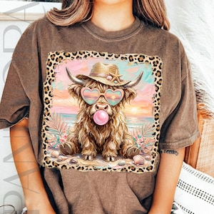 Highland Cow Png, Cute Summer Cow Design, Beach Cow with Leopard Frame image 4