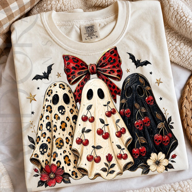 A trendy Halloween design featuring three ghost characters standing side by side beneath a large red leopard print bow. The left ghost is decorated with leopard print and tiny skulls, the center ghost features bright red cherry patterns, and the right ghost is black with red cherry skull motifs. Bats, stars, flowers, and botanical accents surround the ghosts, creating a stylish coquette-inspired spooky season aesthetic with red, black, cream, and gold tones.