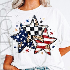 A patriotic design featuring three overlapping stars decorated with American flag colors, checkered patterns, and leopard accents surrounded by small festive stars.