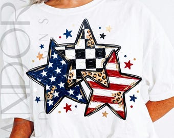 Stelle patriottiche Png, design delle stelle della bandiera americana, motivo a scacchi leopardati del 4 luglio Png, sublimazione patriottica alla moda, USA Png