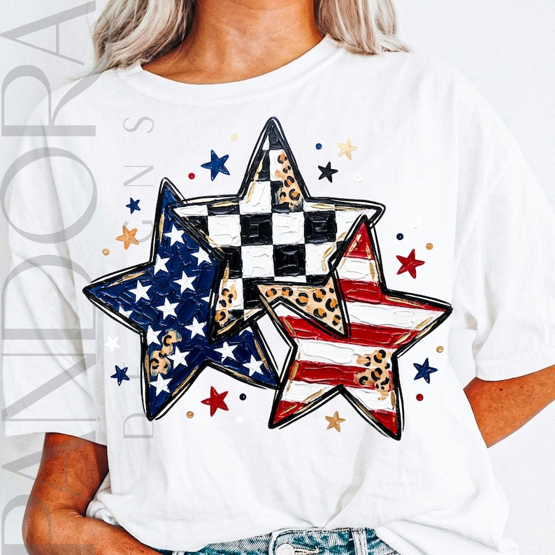 A patriotic design featuring three overlapping stars decorated with American flag colors, checkered patterns, and leopard accents surrounded by small festive stars.