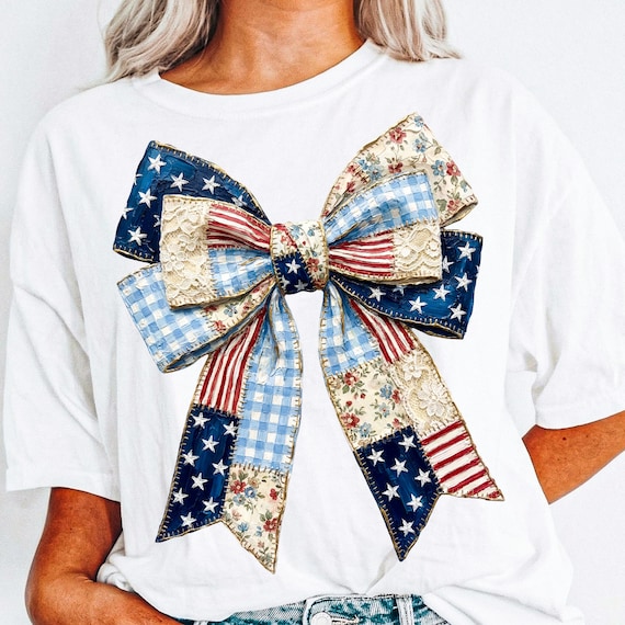 Patriotic Bow Png, Vintage USA Bow Design for 4th of July, Americana Floral Quilt Ribbon
