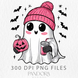 May include: A cute cartoon ghost wearing a pink knitted hat and holding a pumpkin and a pink drink. The ghost has large eyes and a happy expression. There are bats and stars in the background.