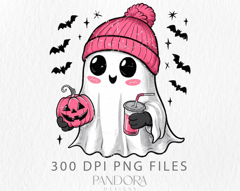 May include: A cute cartoon ghost wearing a pink knitted hat and holding a pumpkin and a pink drink. The ghost has large eyes and a happy expression. There are bats and stars in the background.
